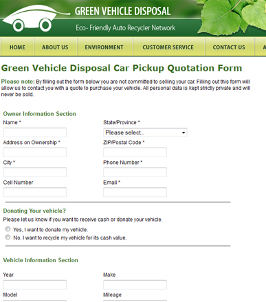 Green Vehicle Disposal Car Pickup Quotation Form